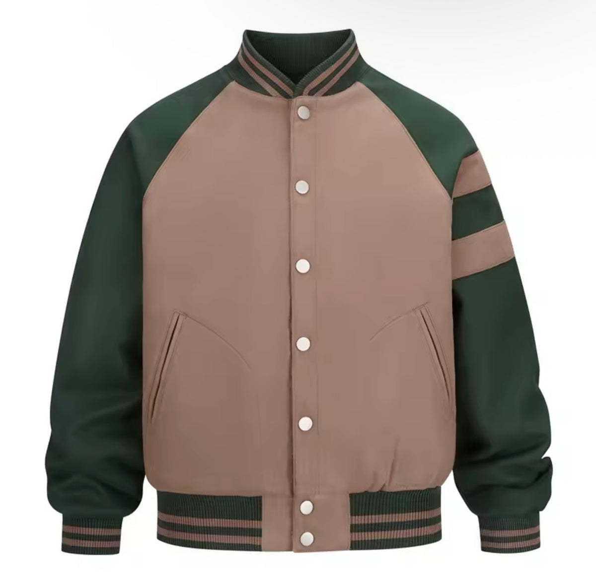 Front of taupe and forest-green unisex varsity bomber jacket with button closure