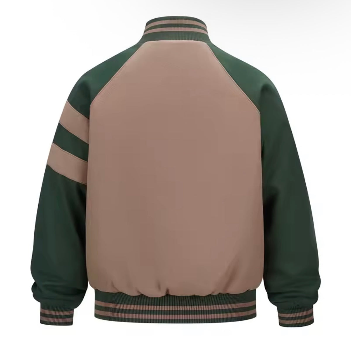 Plain taupe back and forest-green sleeves of unisex varsity bomber jacket