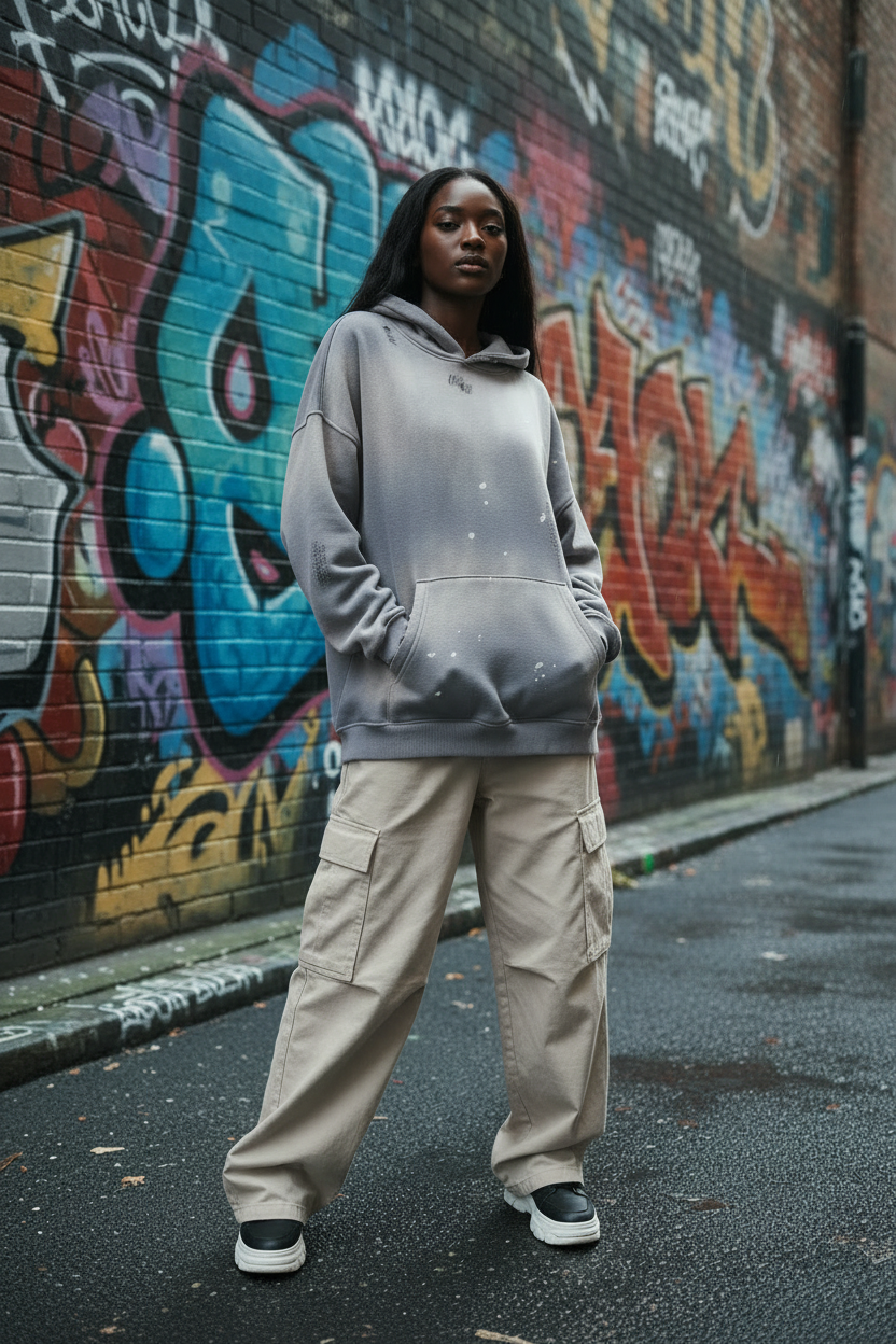Asphalt Distressed Hoodie - Street Art Lifestyle with Baggy Pants