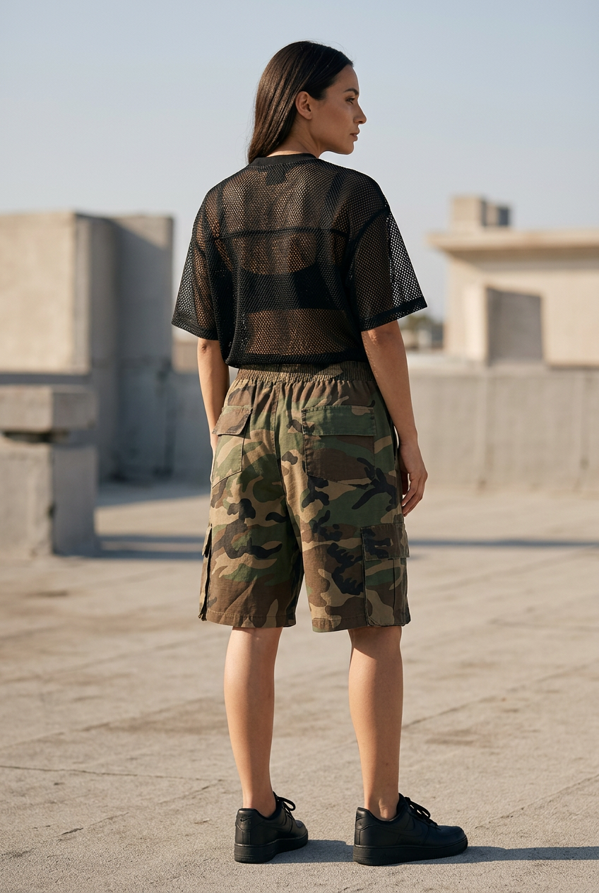 Rear three-quarter lifestyle view of camo cargo shorts styled with the black Shadow Mesh Tee
