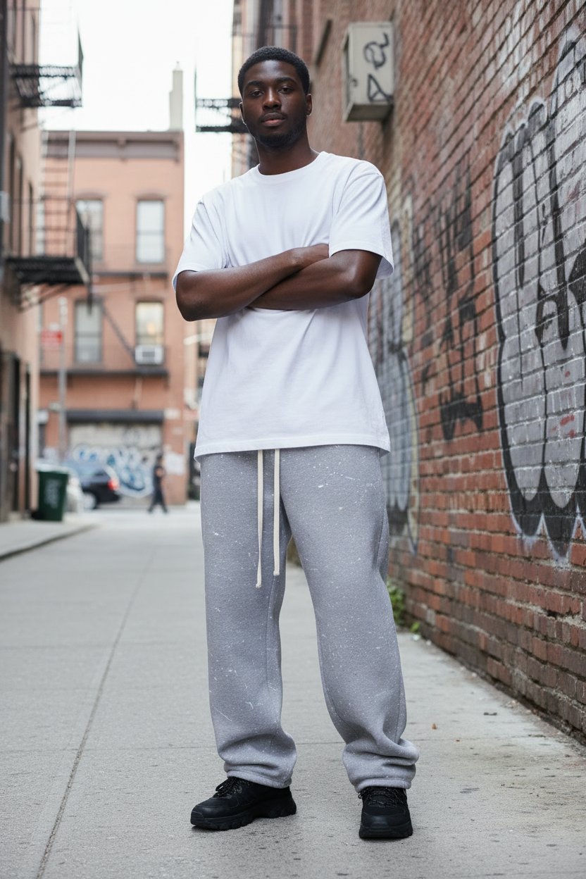 Male model wearing Paint Splatter Baggy Sweatpant in urban streetwear setting