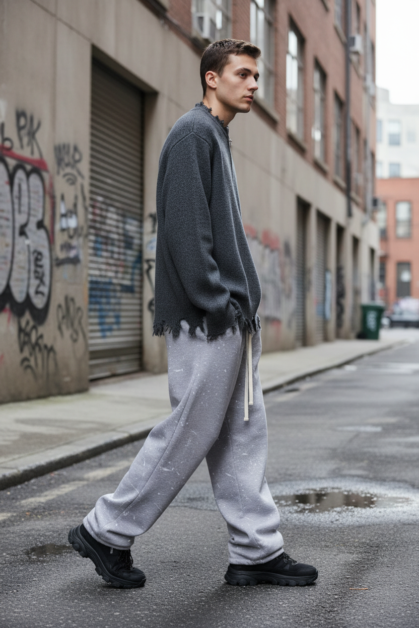 Paint Splatter Baggy Sweatpant – Lifestyle with Distressed Quarter Zip