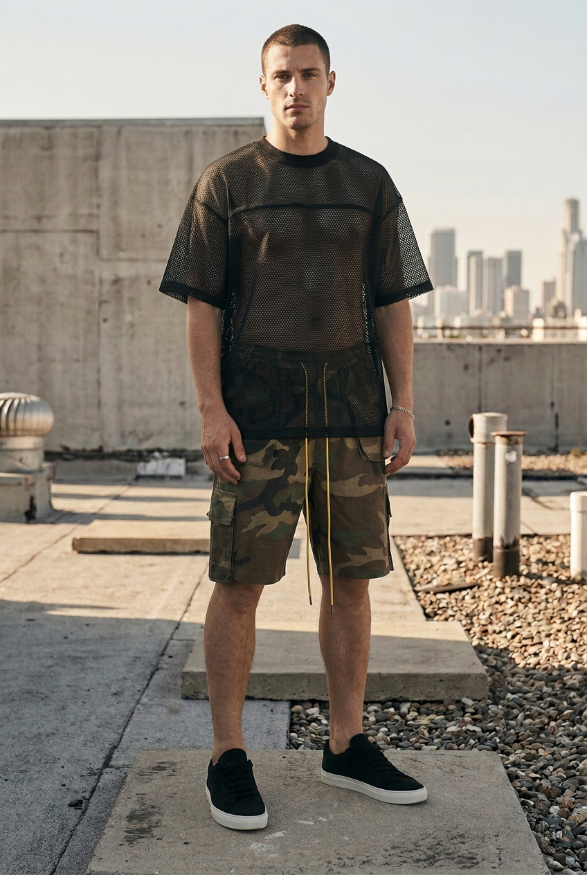 Full-length male model wearing the fully untucked black Shadow Mesh Tee and woodland camo cargo shorts with extended yellow drawstrings