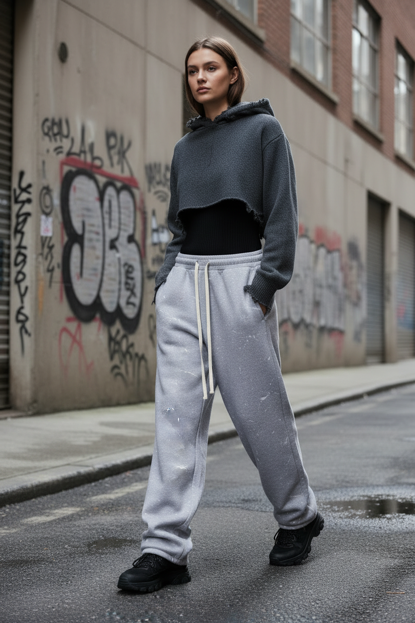 Female model wearing Paint Splatter Baggy Sweatpant in urban streetwear setting