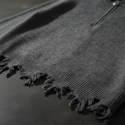 Distressed Quarter Zip Sweater - Detail