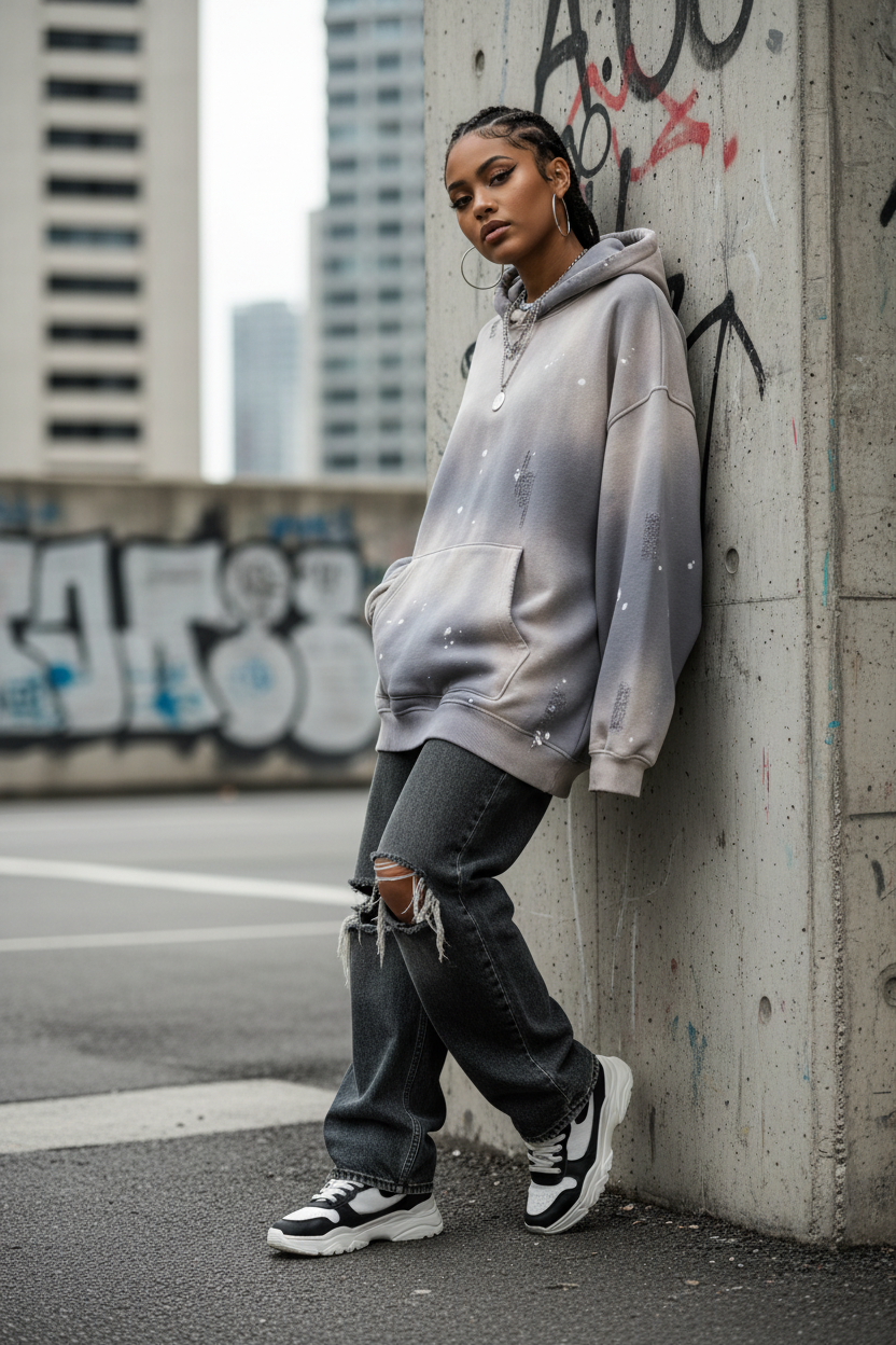 Asphalt Distressed Hoodie - Female Lifestyle Shot