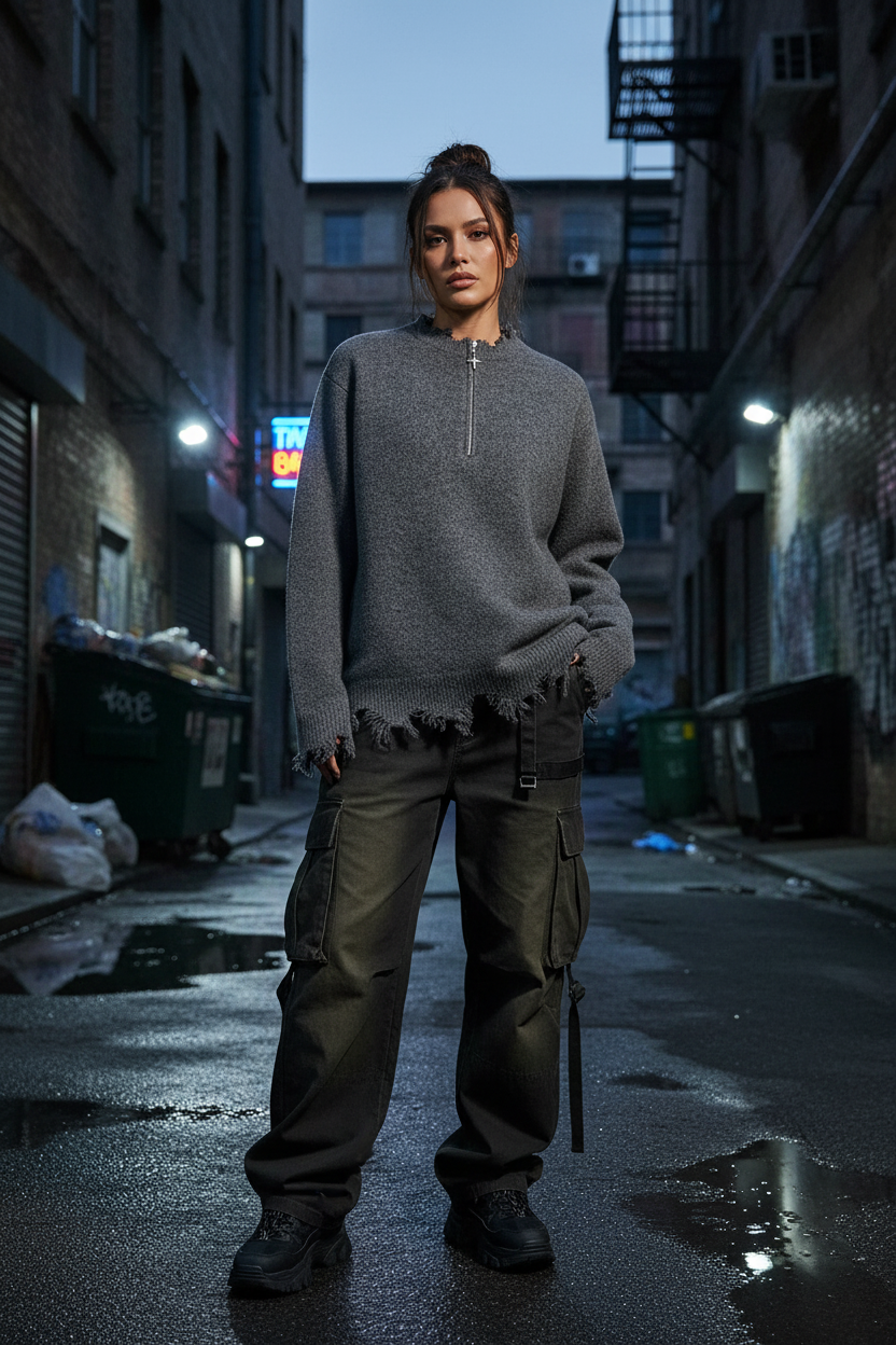 Distressed Quarter Zip Sweater - Female Lifestyle 2