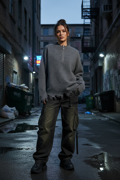 Distressed Quarter Zip Sweater - Female Lifestyle 2