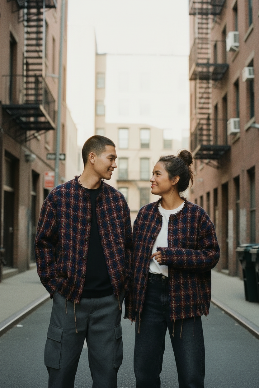 Plaid Raw Hem Jacket - Street Candid Portrait